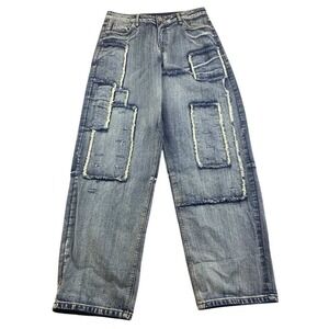 Collusion Jeans Men W36 L34 Wide Leg Baggy Blue Denim Patchwork Distressed